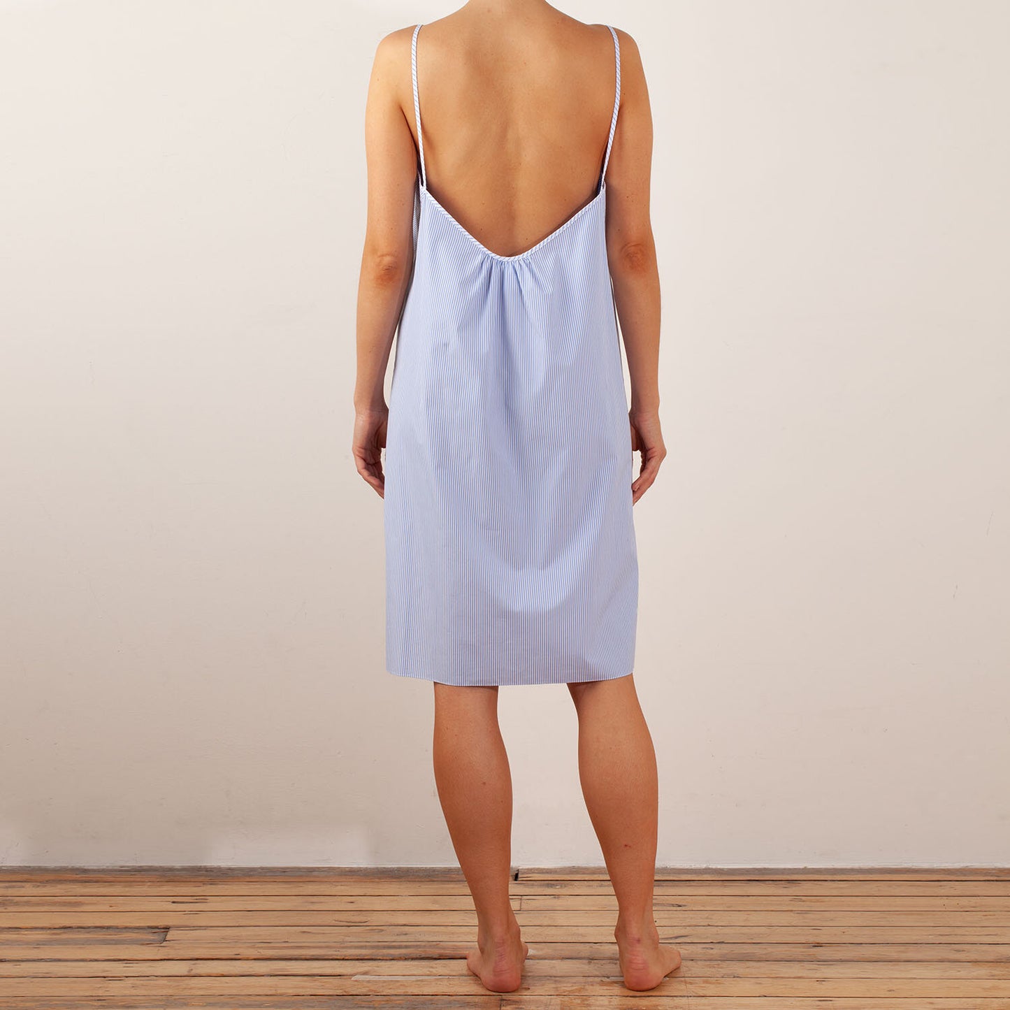 FRONT TIE NIGHT SLIP, STRIPED COTTON POPLIN, WHITE/BLUE STRIPE, 21-23-129