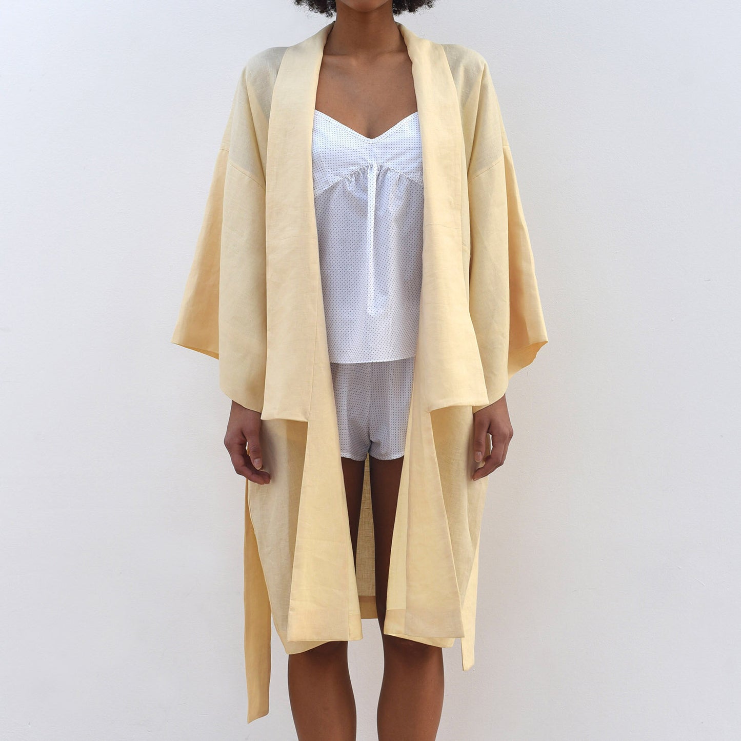 SHORT ANGLED KIMONO STYLE ROBE, 100% PURE IRISH LINEN, PRIMROSE YELLOW